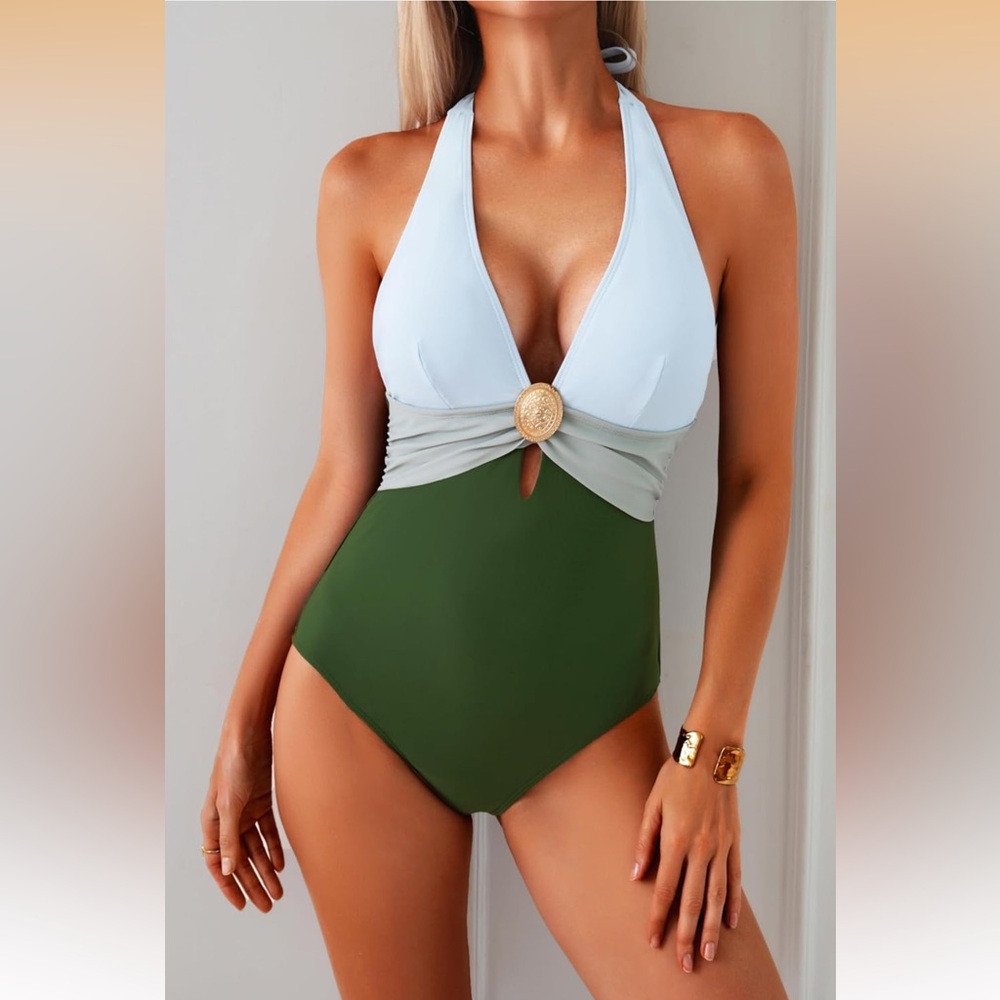 Eagerbuy Green and Light Blue Colorblock Swimsuit